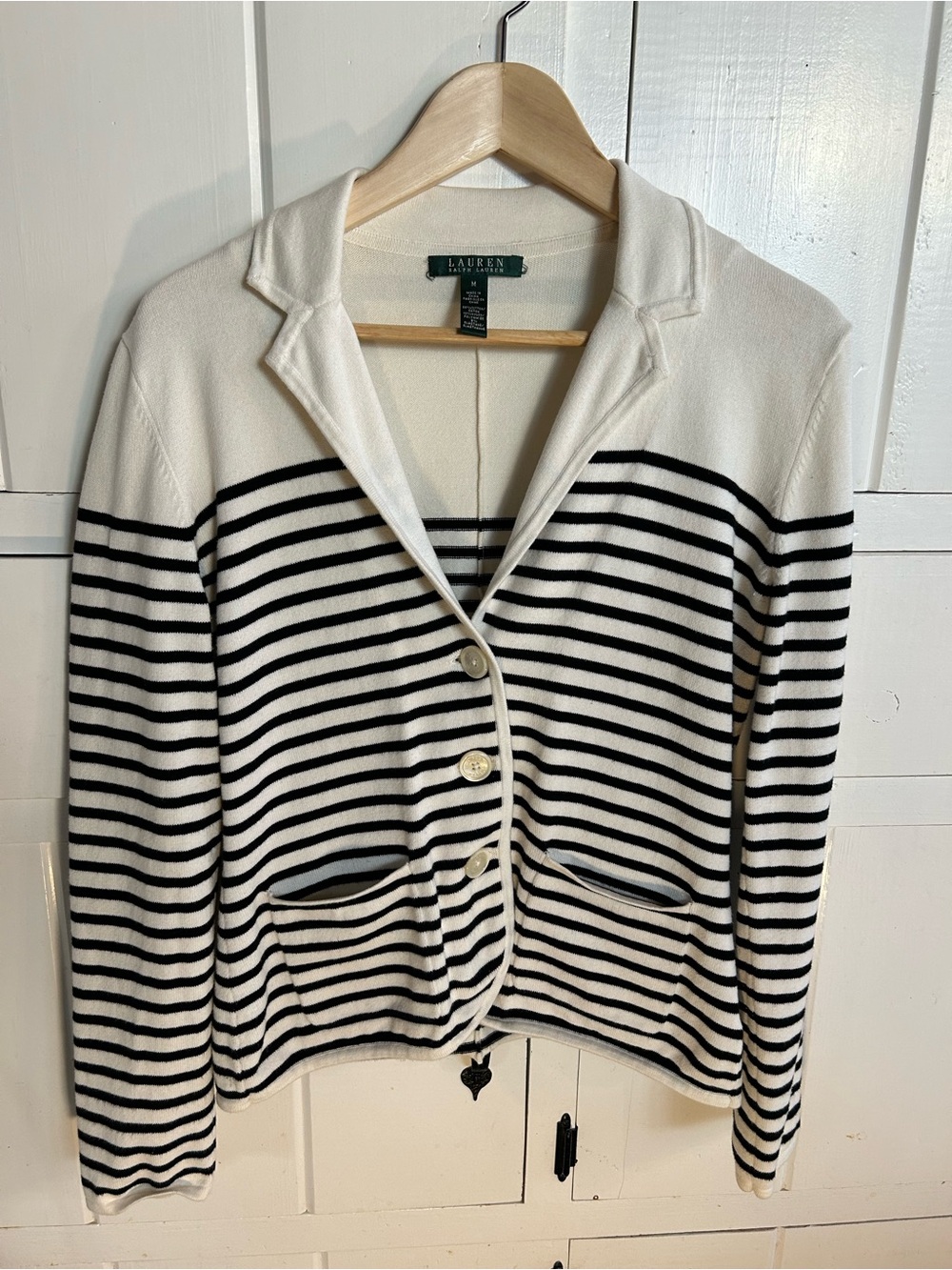 Ralph Lauren Cream and Black Striped Knit Blazer Cardigan